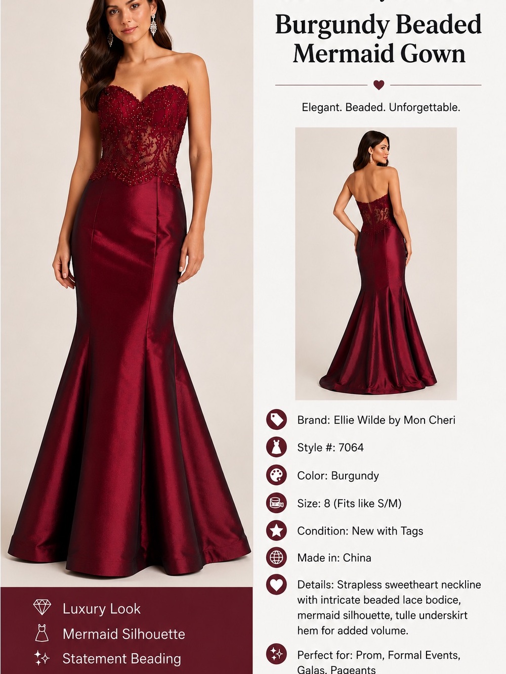 ellie wilde Strapless Burgundy Beaded Mermaid Gown SIZE 8 new with tags